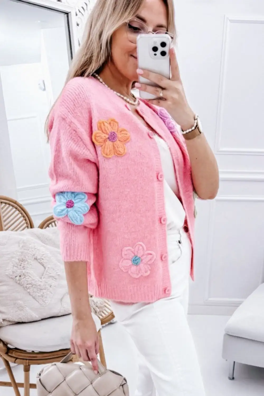 Cute Knit Floral Pattern Button Front Cardigan
