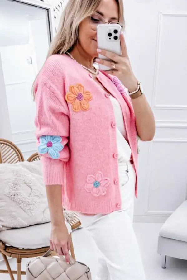 Cute Knit Floral Pattern Button Front Cardigan
