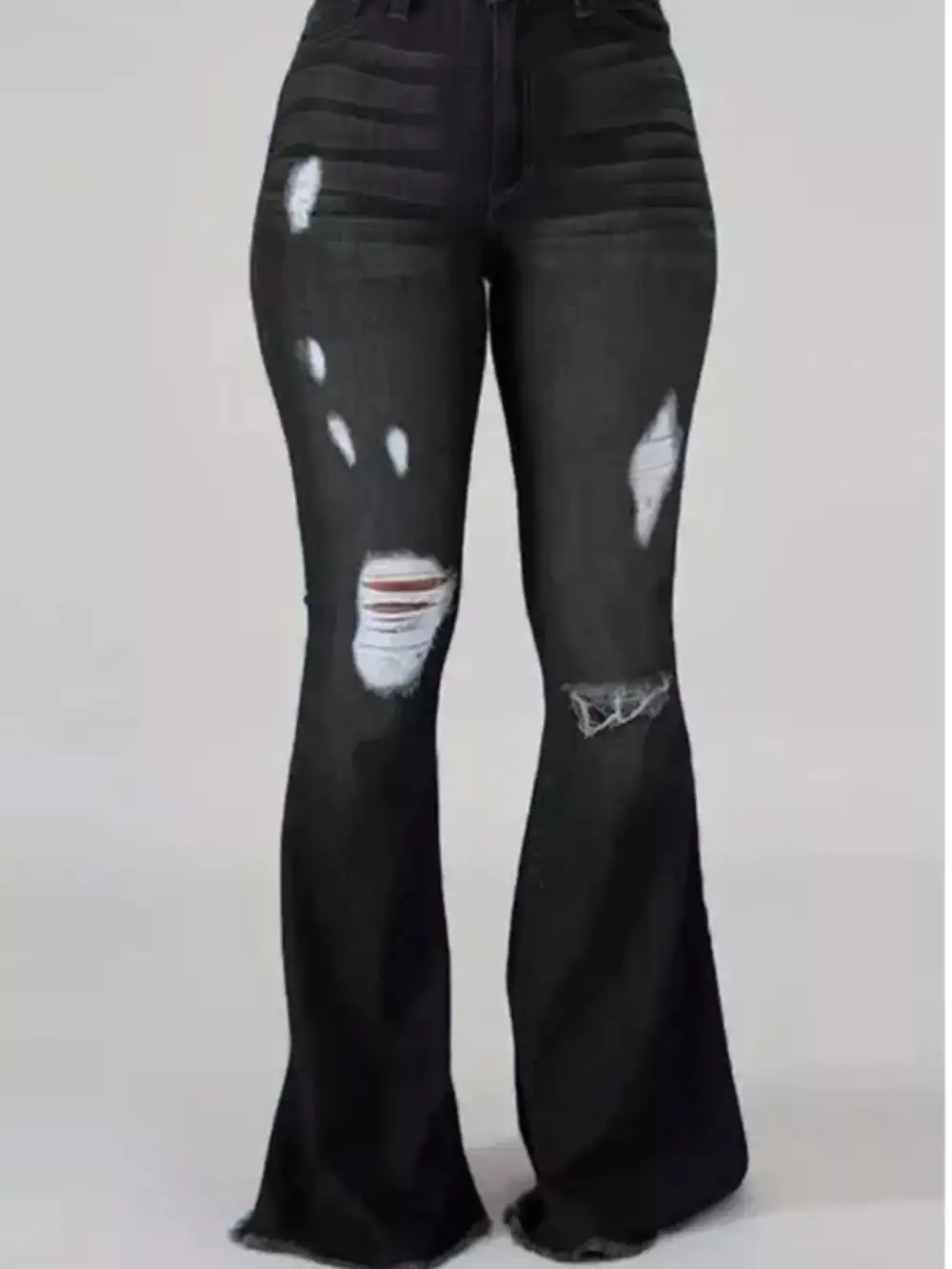 Balanced Flare Leg Raw Hem Distressed Denim Jeans