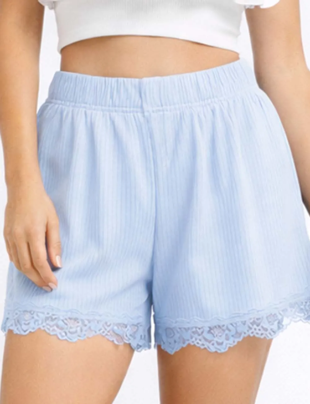 Ribbed Knit Elastic Waist Lace Trim Wide Leg Easy Shorts