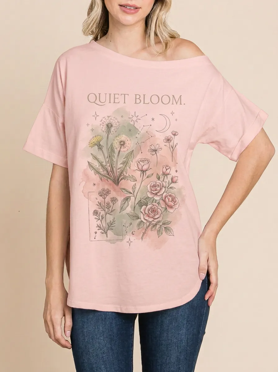 Women's Botanical Quiet Bloom Dandelion Rose Printed T-shirt