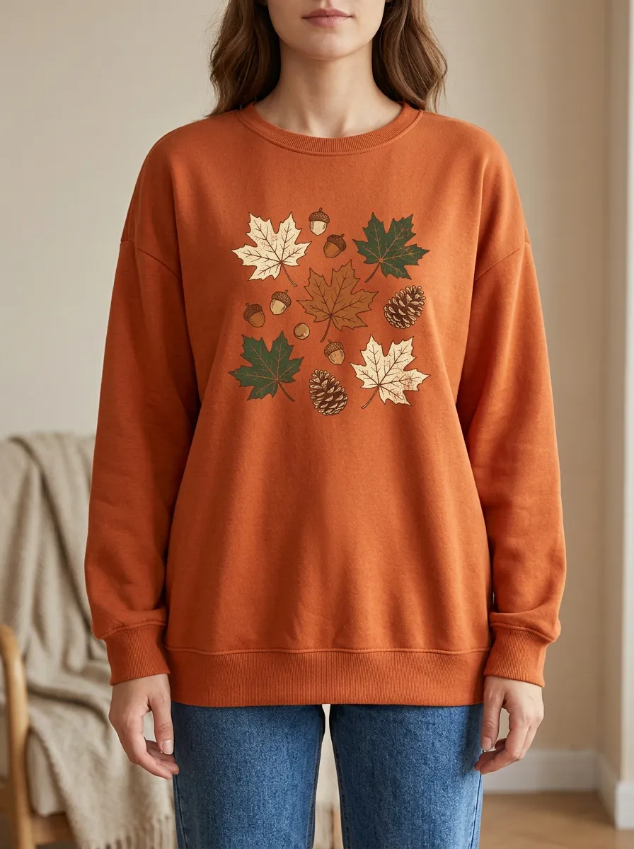 Printed Acorn Pinecone Graphic Sweatshirt