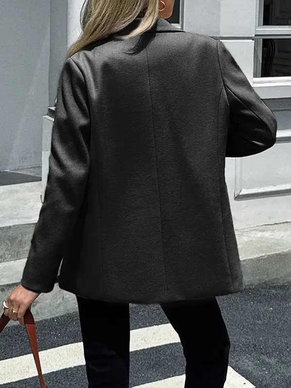 Long Sleeve Button Front Pocket Solid Color Notched Jacket