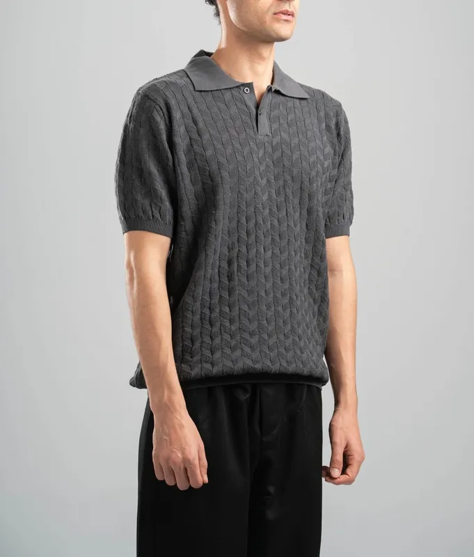 Dark Grey Textured Knit Polo Shirt