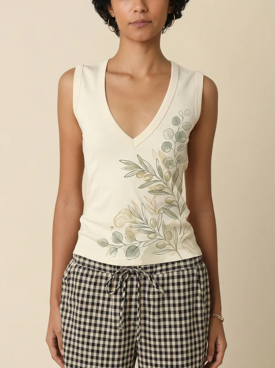 Women's Botanical Nature Lover Olive Branch Printed V-neck Tank Top