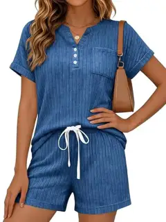Drawstring Pocketed Ribbed Tee and Shorts Matching Set