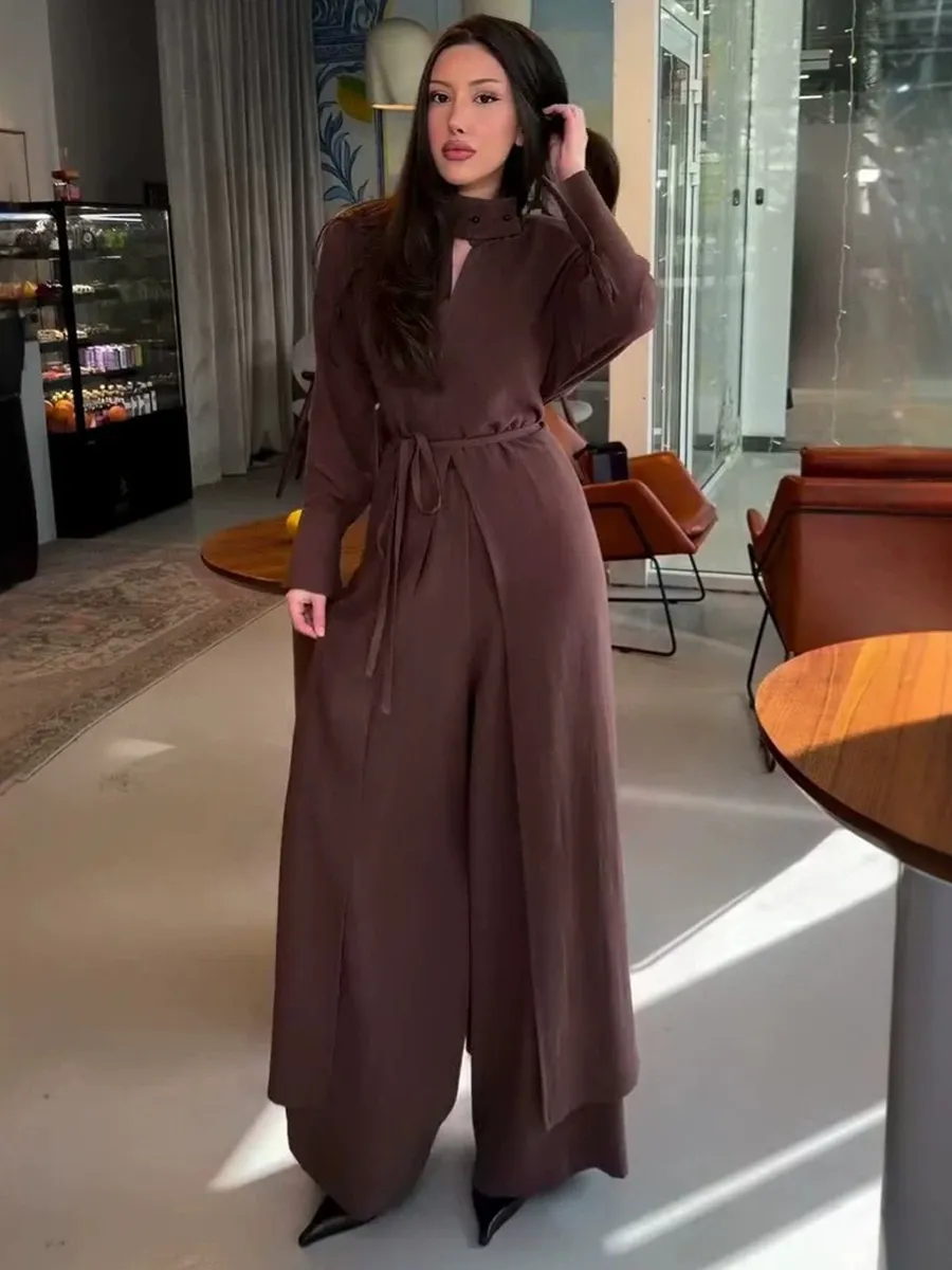 Imogen Long-Sleeve Tie-Front Top and High-Waisted Wide-Leg Pants Set