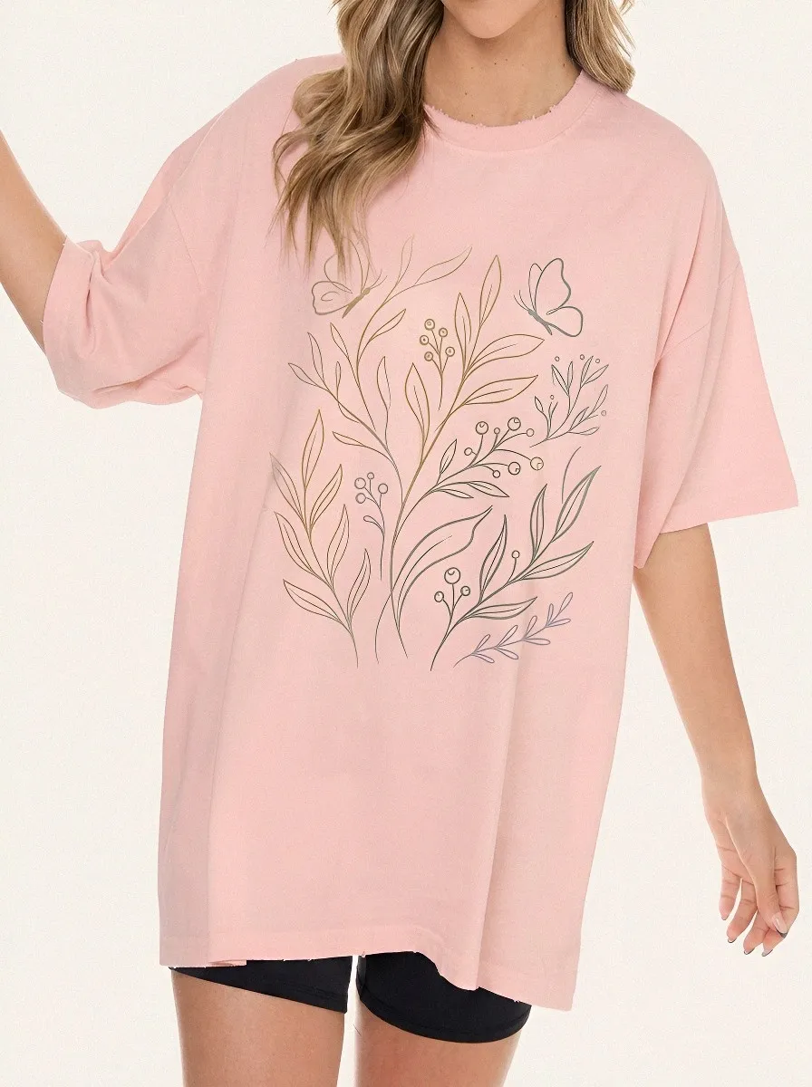 Women's Botanical Butterfly Nature Lover Printed T-shirt