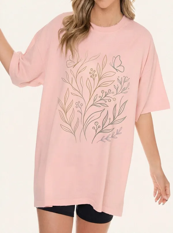 Women's Botanical Butterfly Nature Lover Printed T-shirt