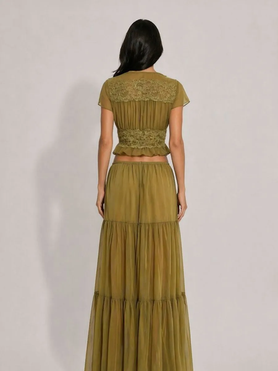 Mariana Mesh & Lace Deep V-Neck Maxi Skirt Set with Ruffles