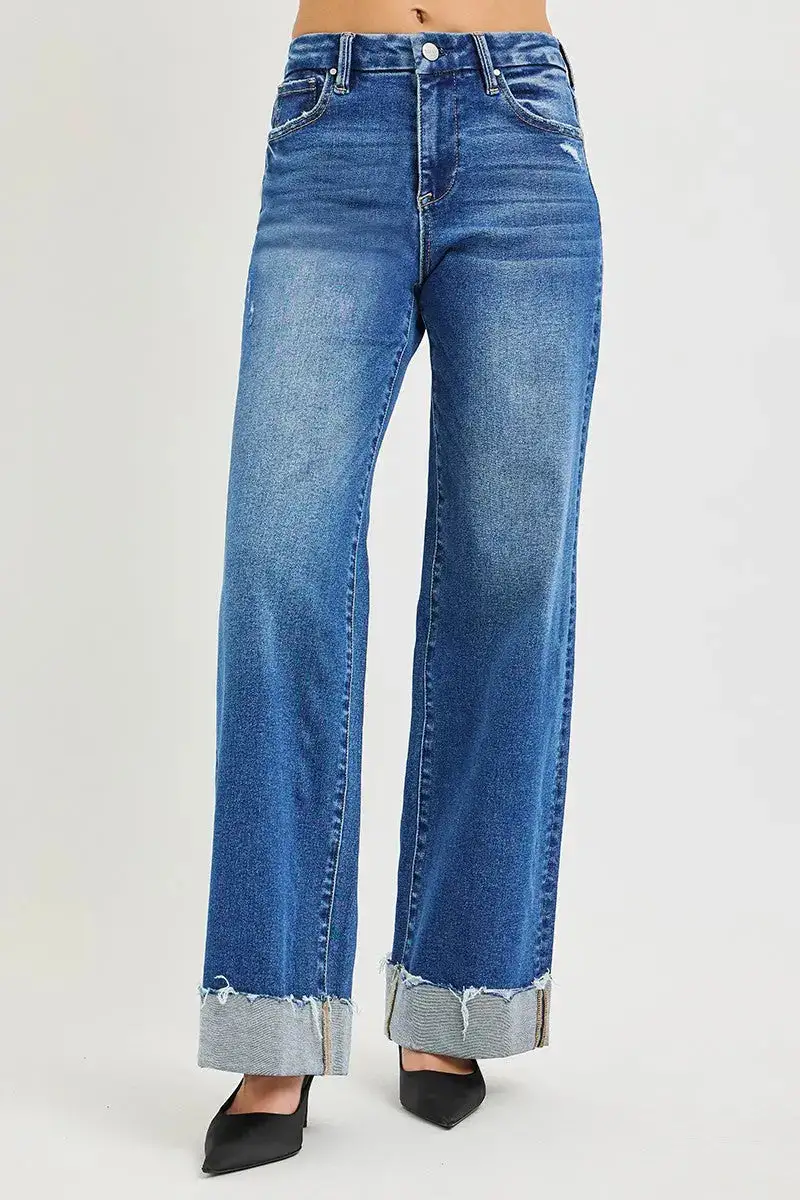 High Rise Wide Leg Cuffed Pocketed Denim Jeans