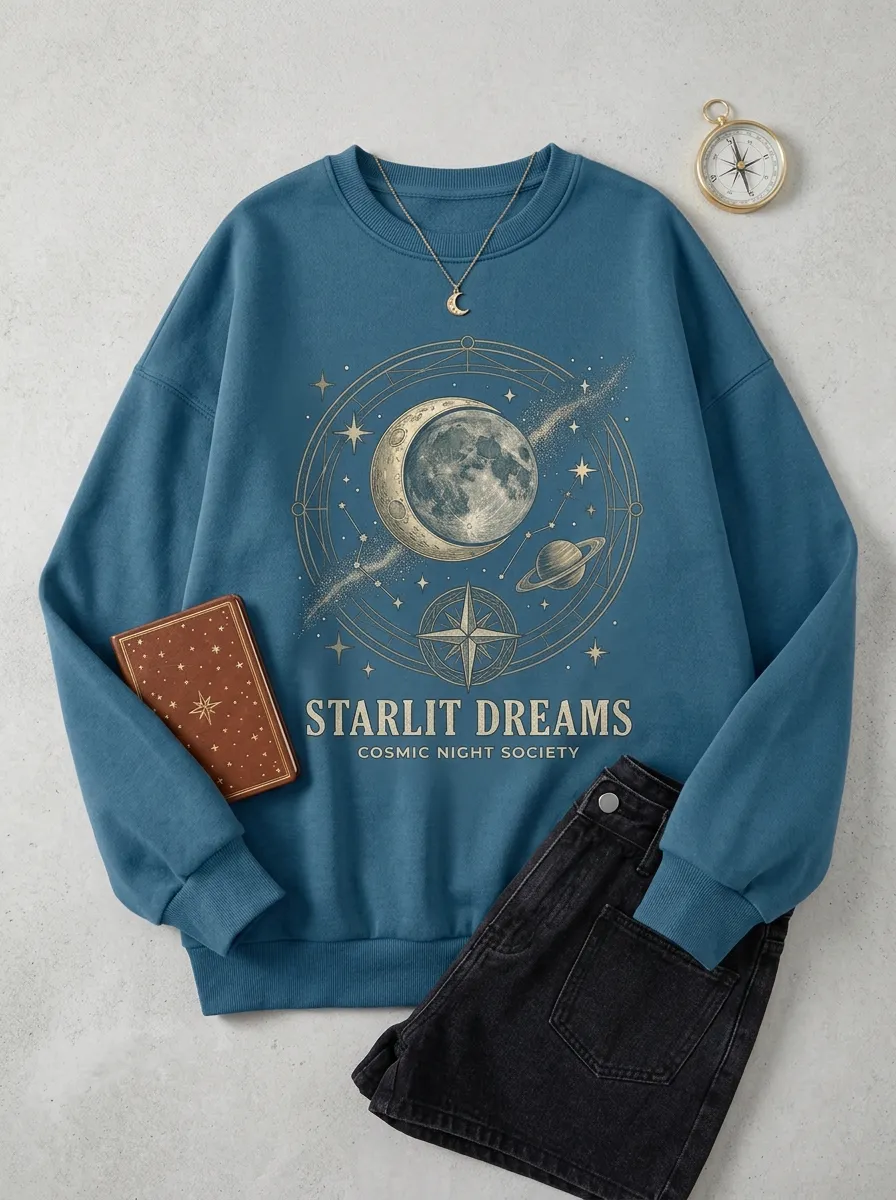 Women's Starlit Dreams Celestial Moon Planet Printed T-shirt