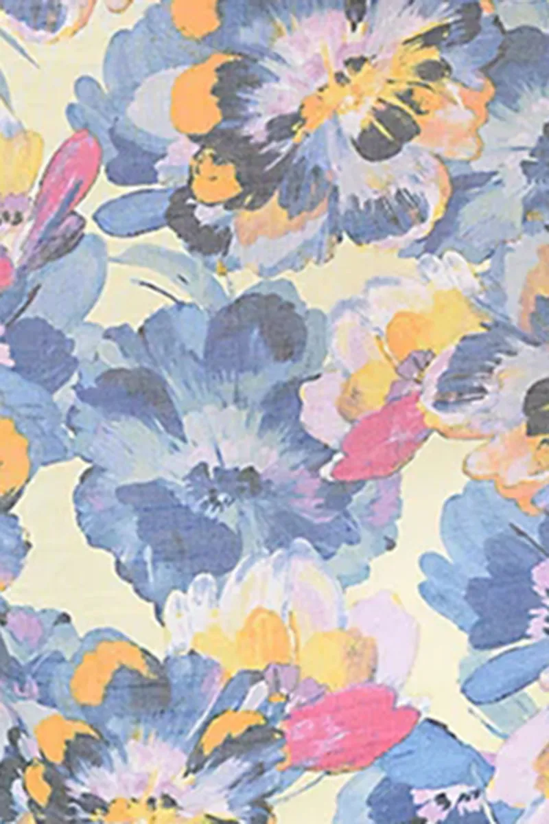Pansy Flowers Pleated Front Roll Sleeve Blouse