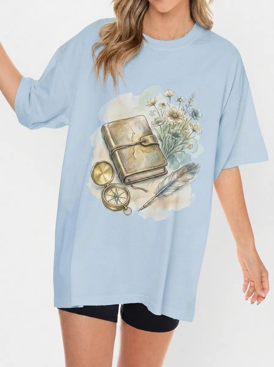 Women's Writer Traveler Journal Compass Flower Feather Printed T-shirt