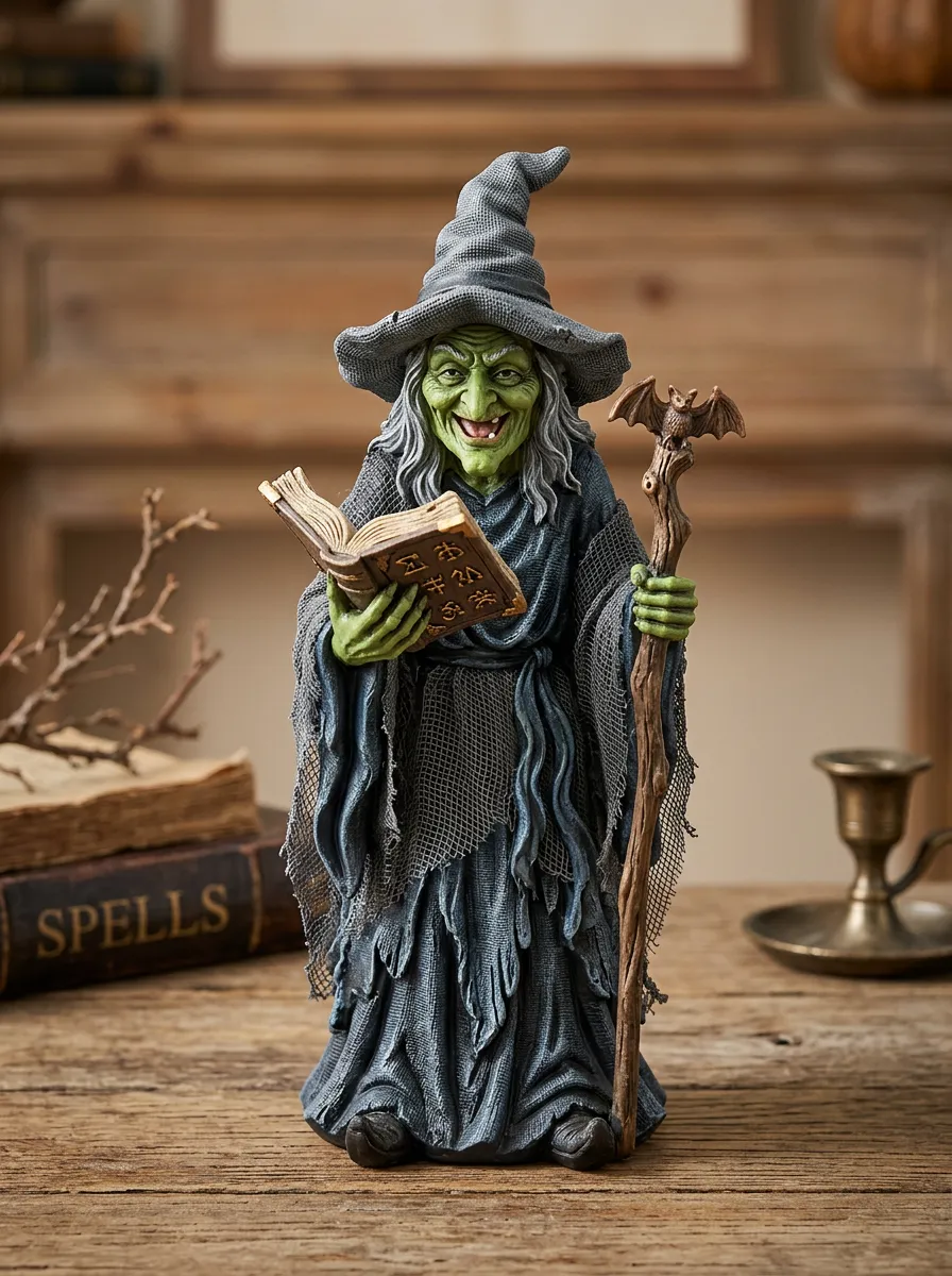 Halloween Witch Reading Spellbook Bat Staff Figurine