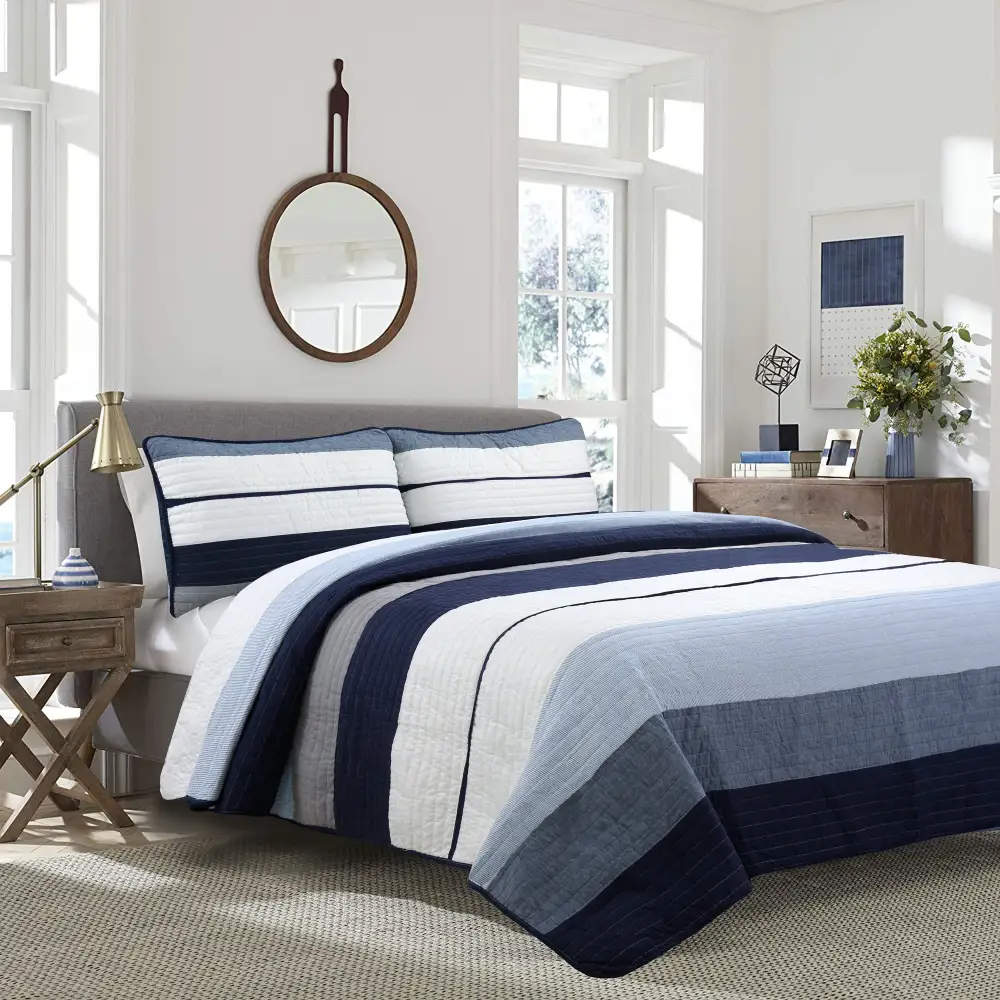 Classic Cotton Striped Patchwork Reversible Quilt Bedding Set