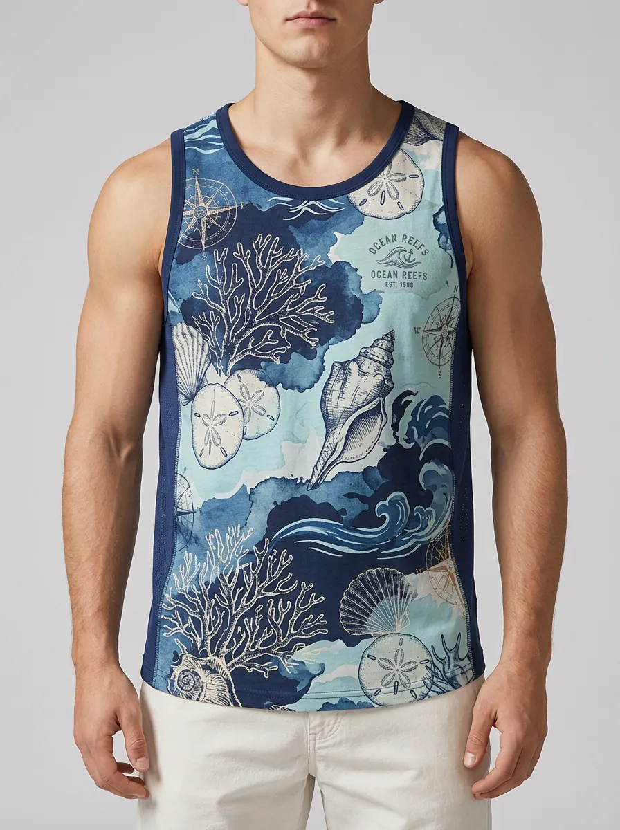 Men's Ocean Reefs Nautical Shells Printed Tank Top