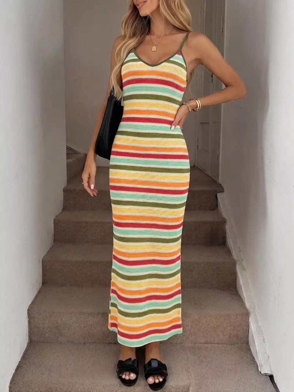 Bodycon Knit Striped Midi Dress