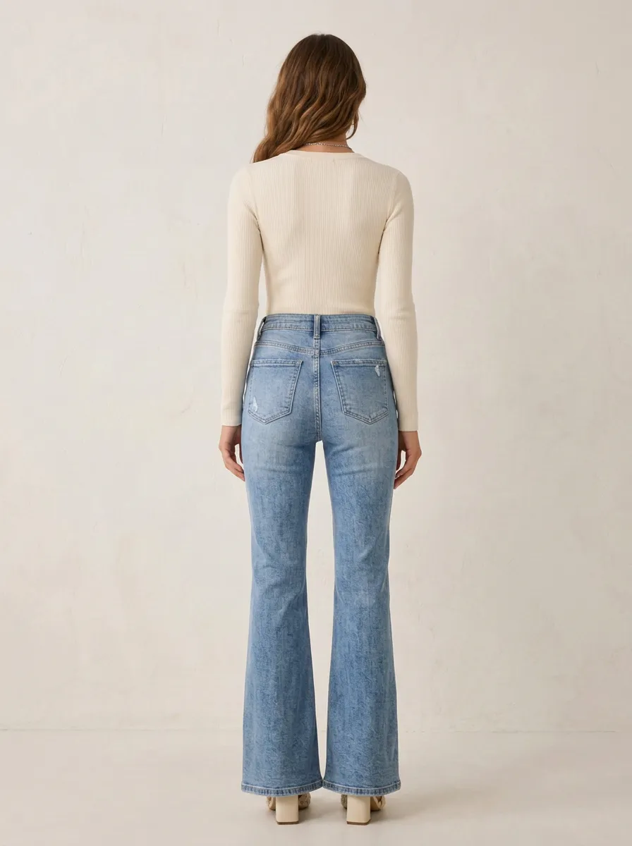 Women's Vintage Wash Distressed Flare Denim Jeans