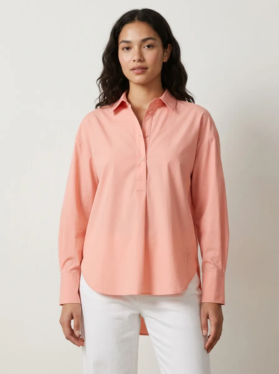 Women's Casual Minimalist Leaf Embroidered Pink Button-Down Shirt
