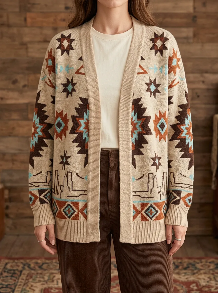Women's Western B3 Desert Star Geometric Pattern Printed Cardigan