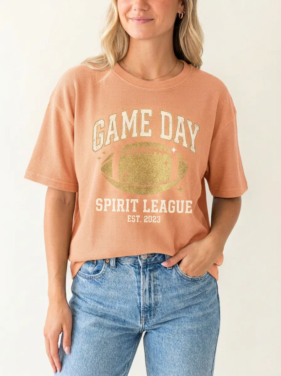 Women's Football Ball Game Day Waffle Graphic T-Shirt