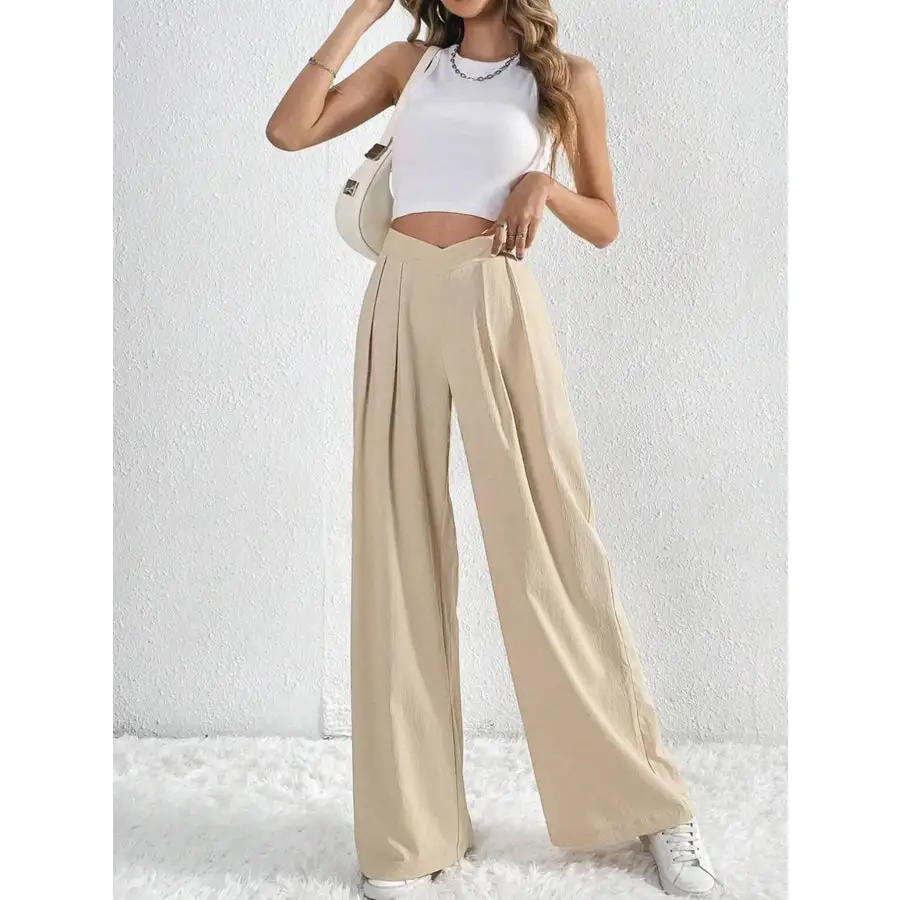 V Waisted Ruched Front Wide Leg Pants