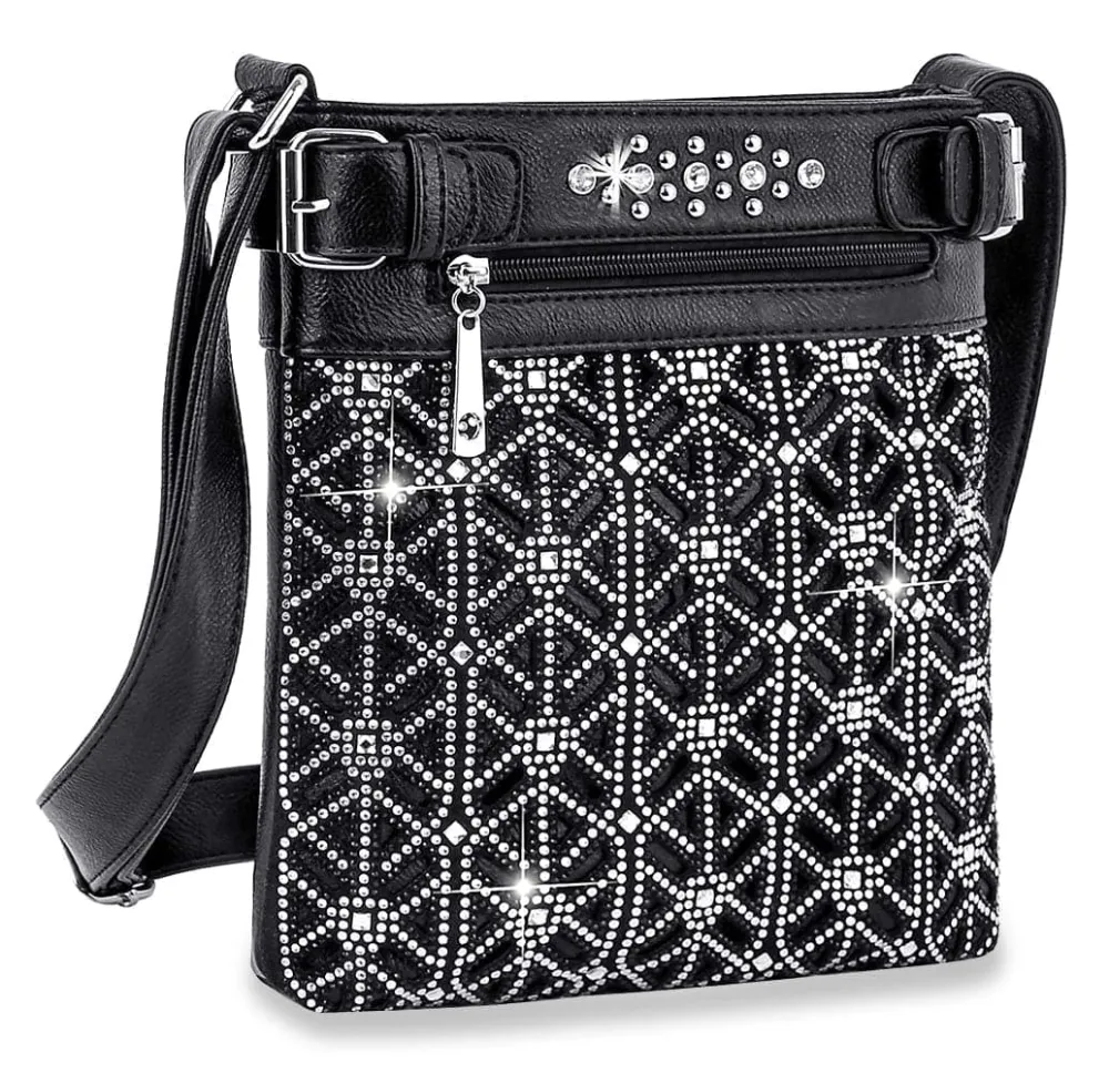 Contemporary Detail Crystal Accent Pocketed Faux Leather Crossbody Sling Bag