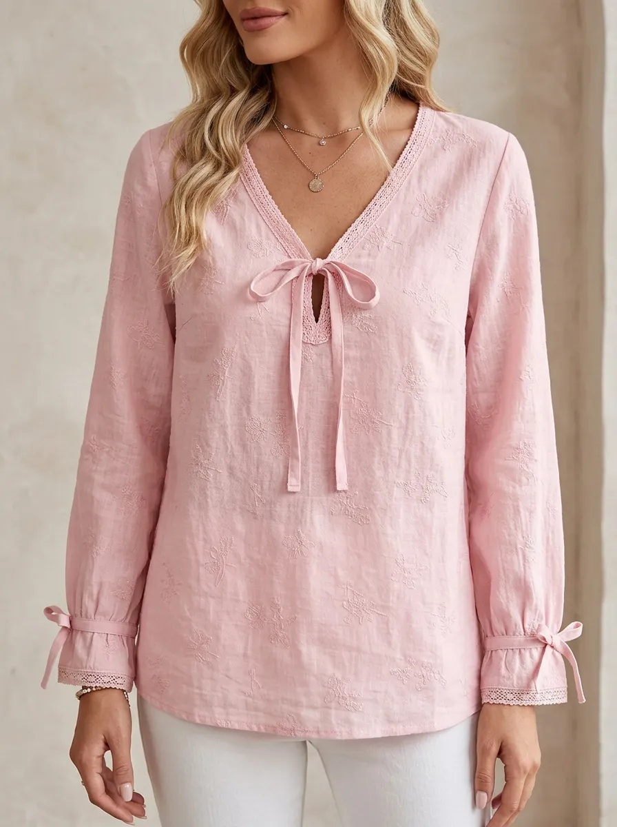 Women's V-neck Tie-neck Floral Embroidered Blouse