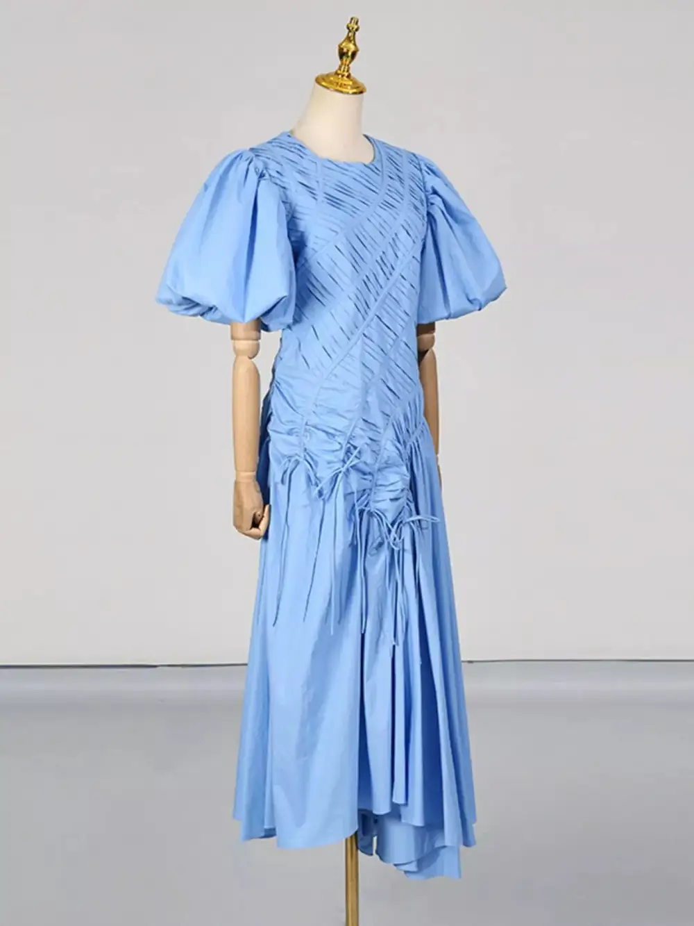 Puff Sleeve Ruched Midi Dress