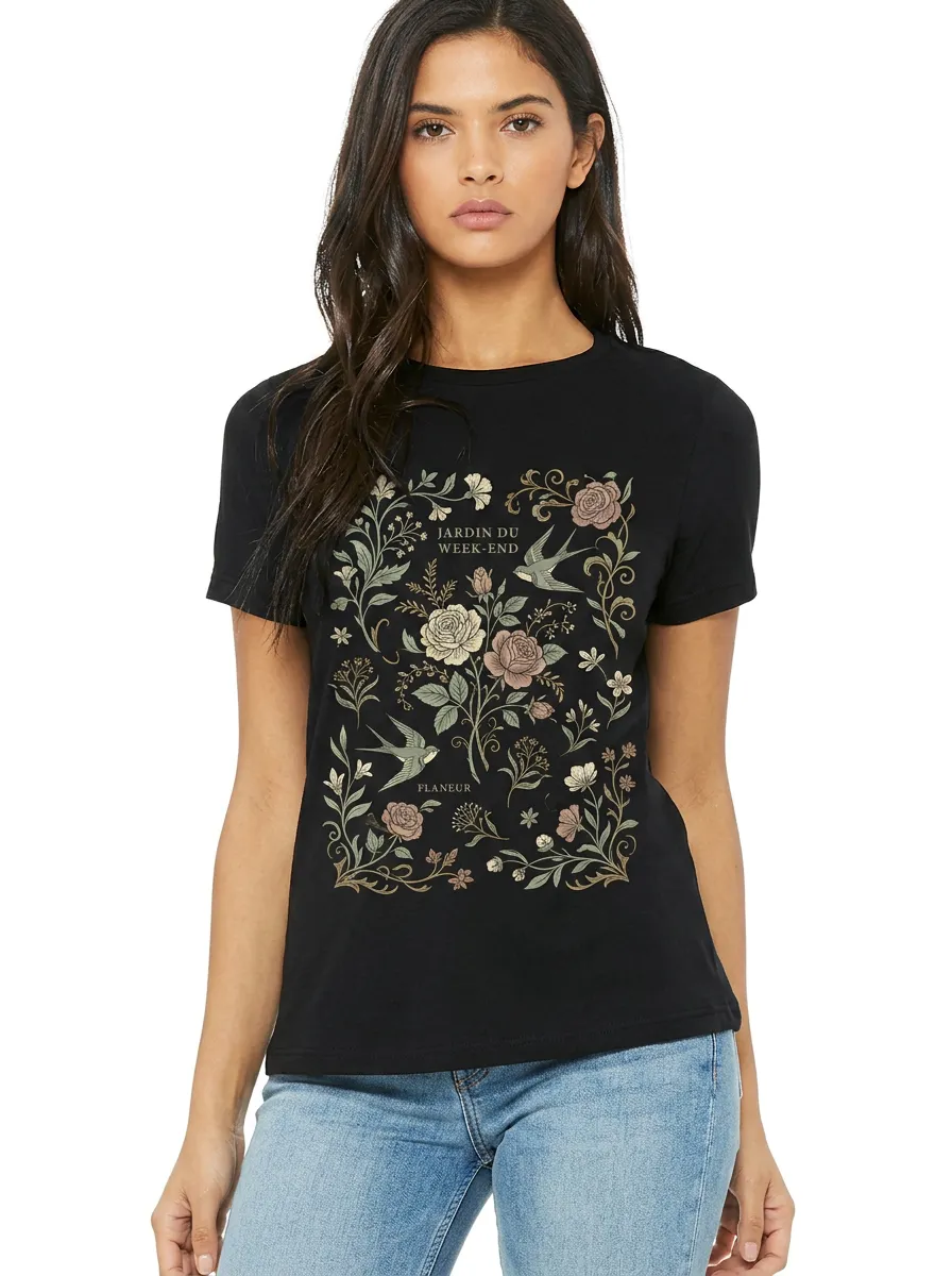 Women's Botanical Garden Swallow Floral Printed T-shirt