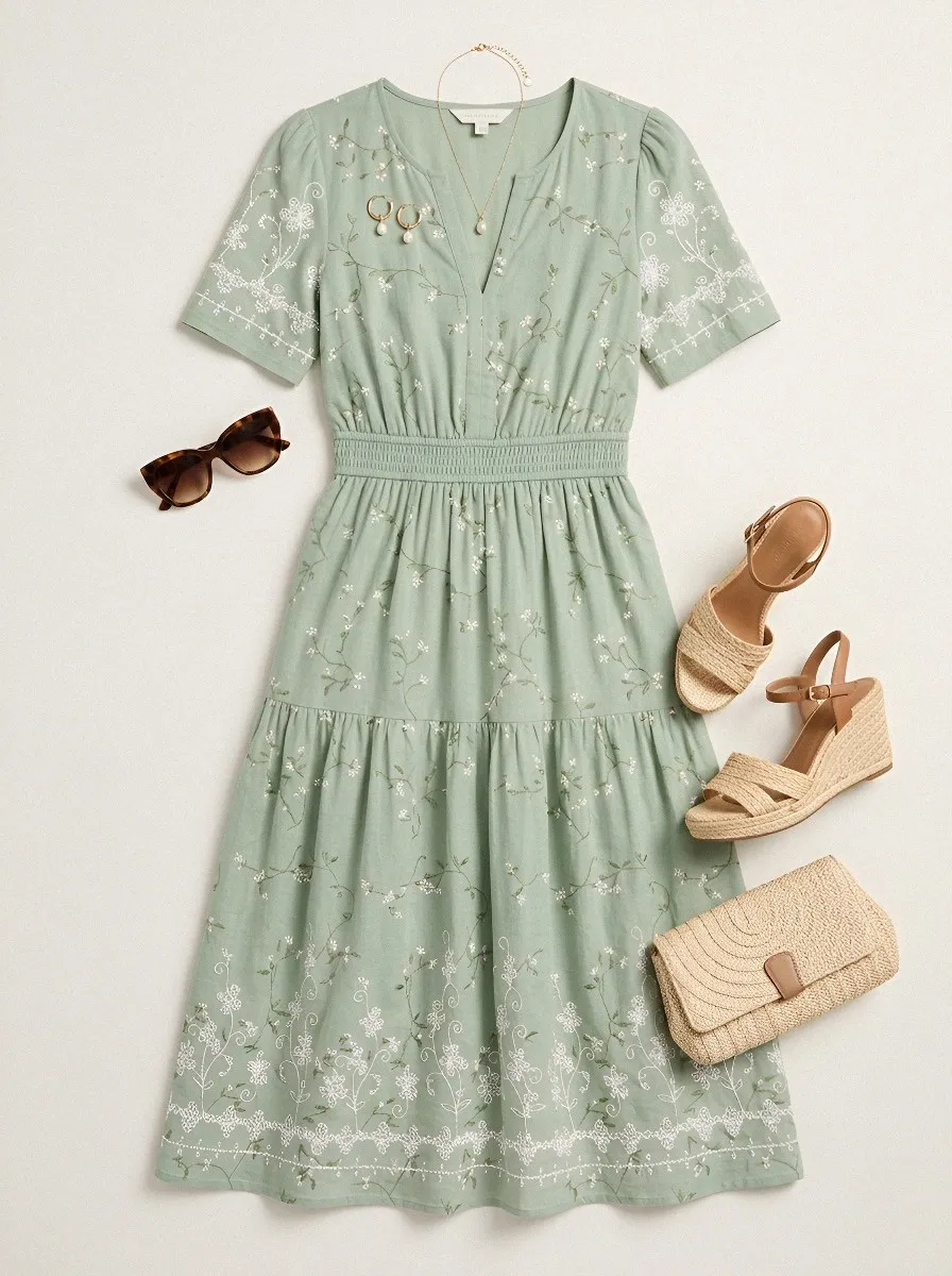 Women's Summer Vacation Sage Green Floral Embroidered Printed Dress
