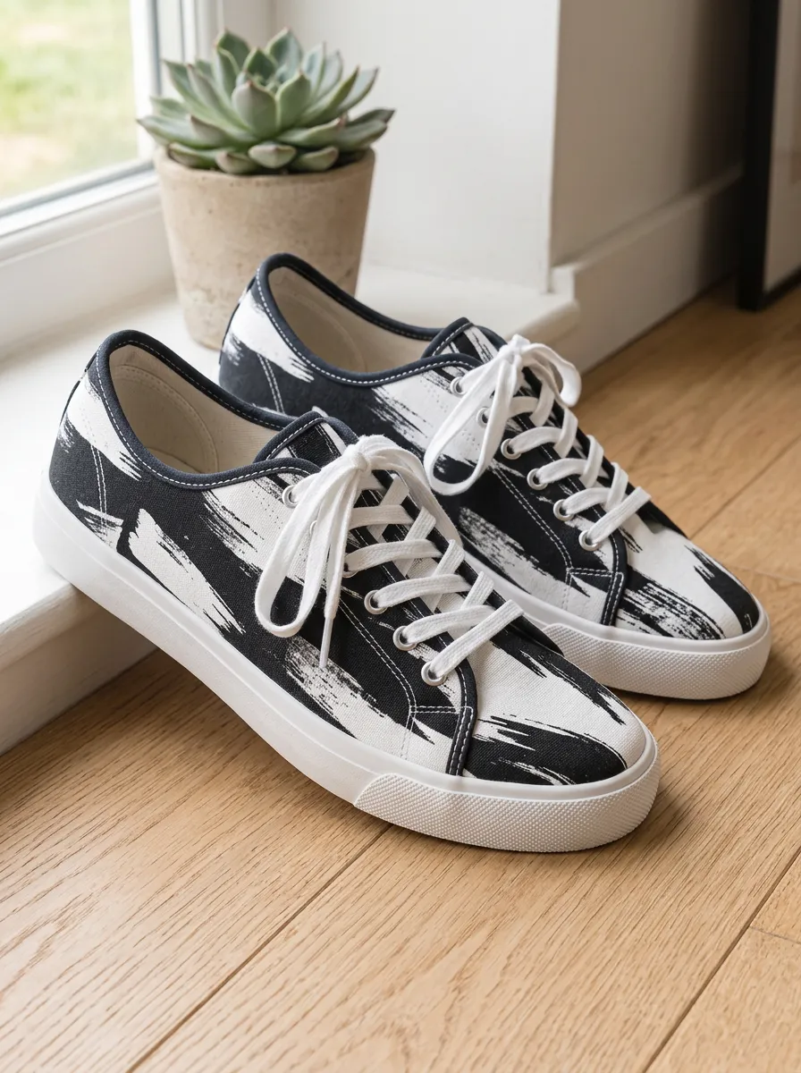 Men's Abstract Brush Stroke Black White Printed Canvas Shoes
