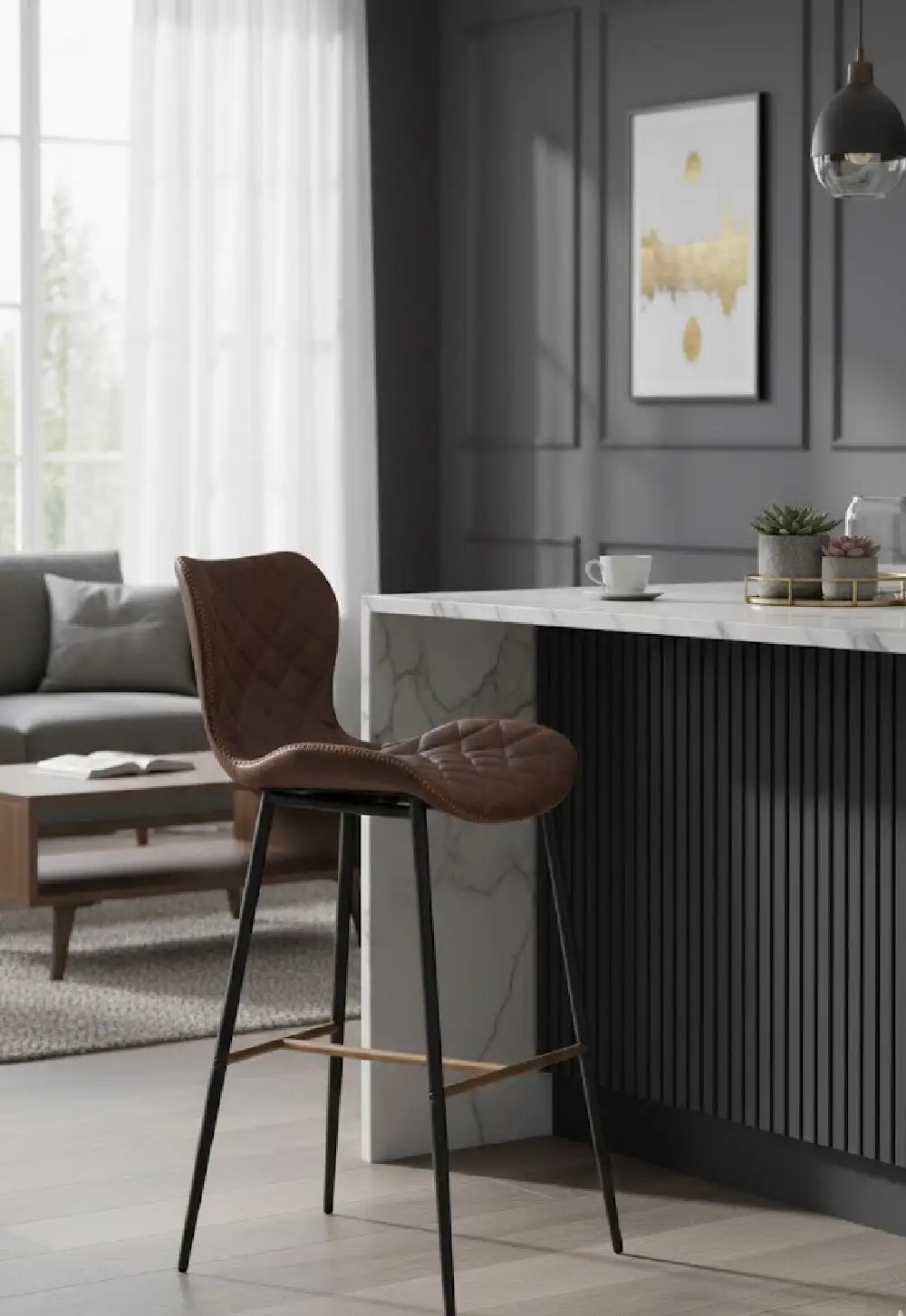 Diamond-Stitched Leather Bar Stool