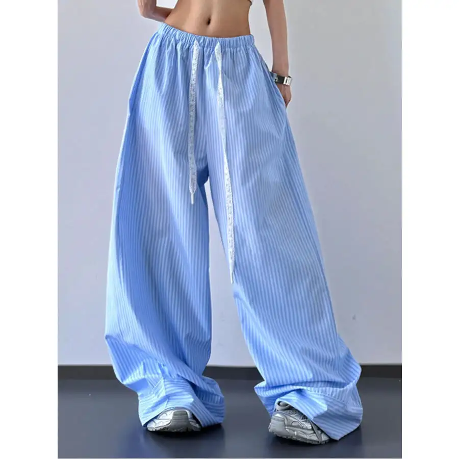 Casual Striped Wide Leg Drawstring Pants
