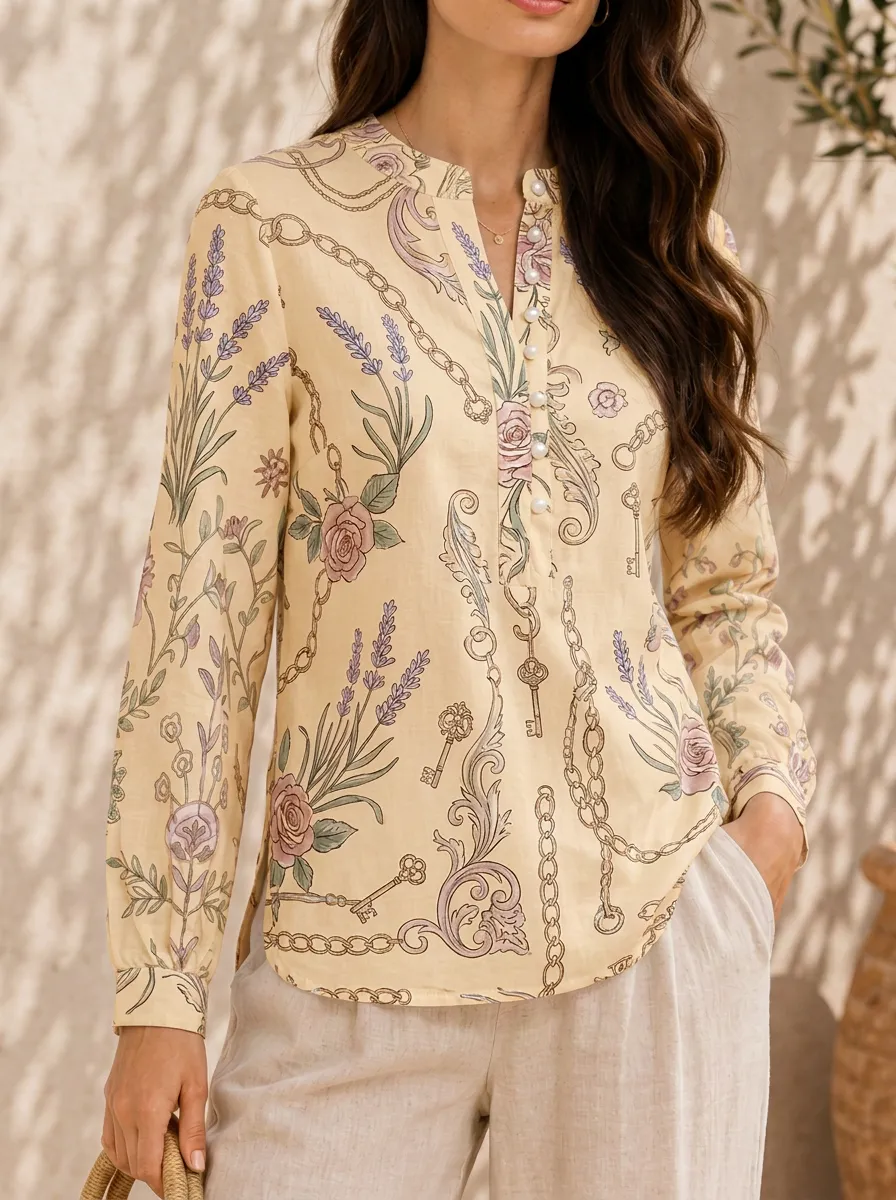 Women's Vintage Floral Chain Key Printed Long Sleeve Blouse