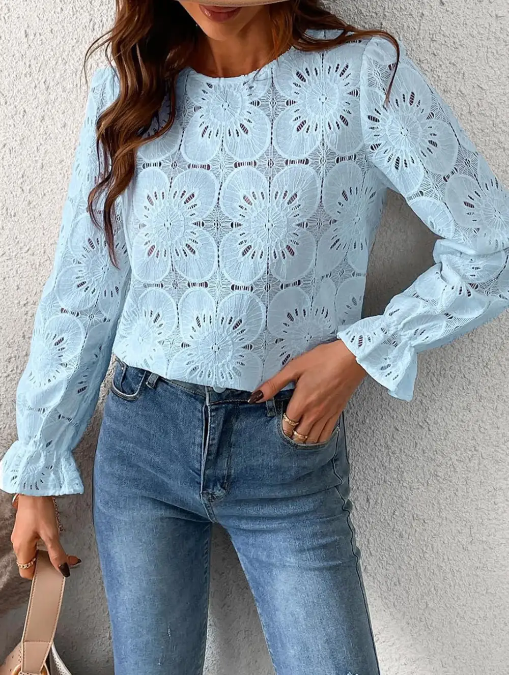 Openwork Lace Long Sleeve Blouse