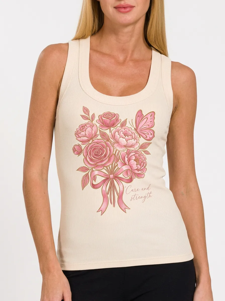 Women's Breast Cancer Awareness Pink Floral Butterfly Printed Tank Top