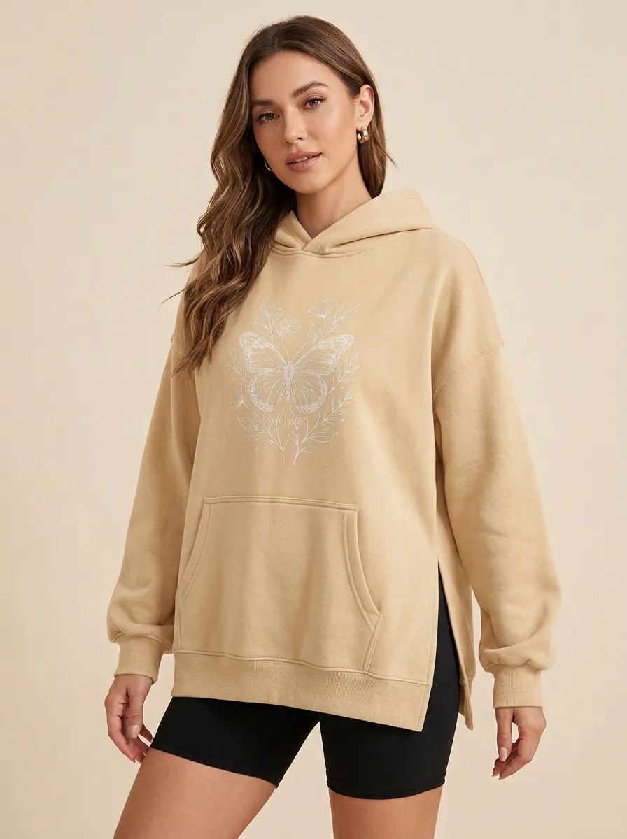 Easy-Layer Nature Butterfly Floral Line Art Hoodie