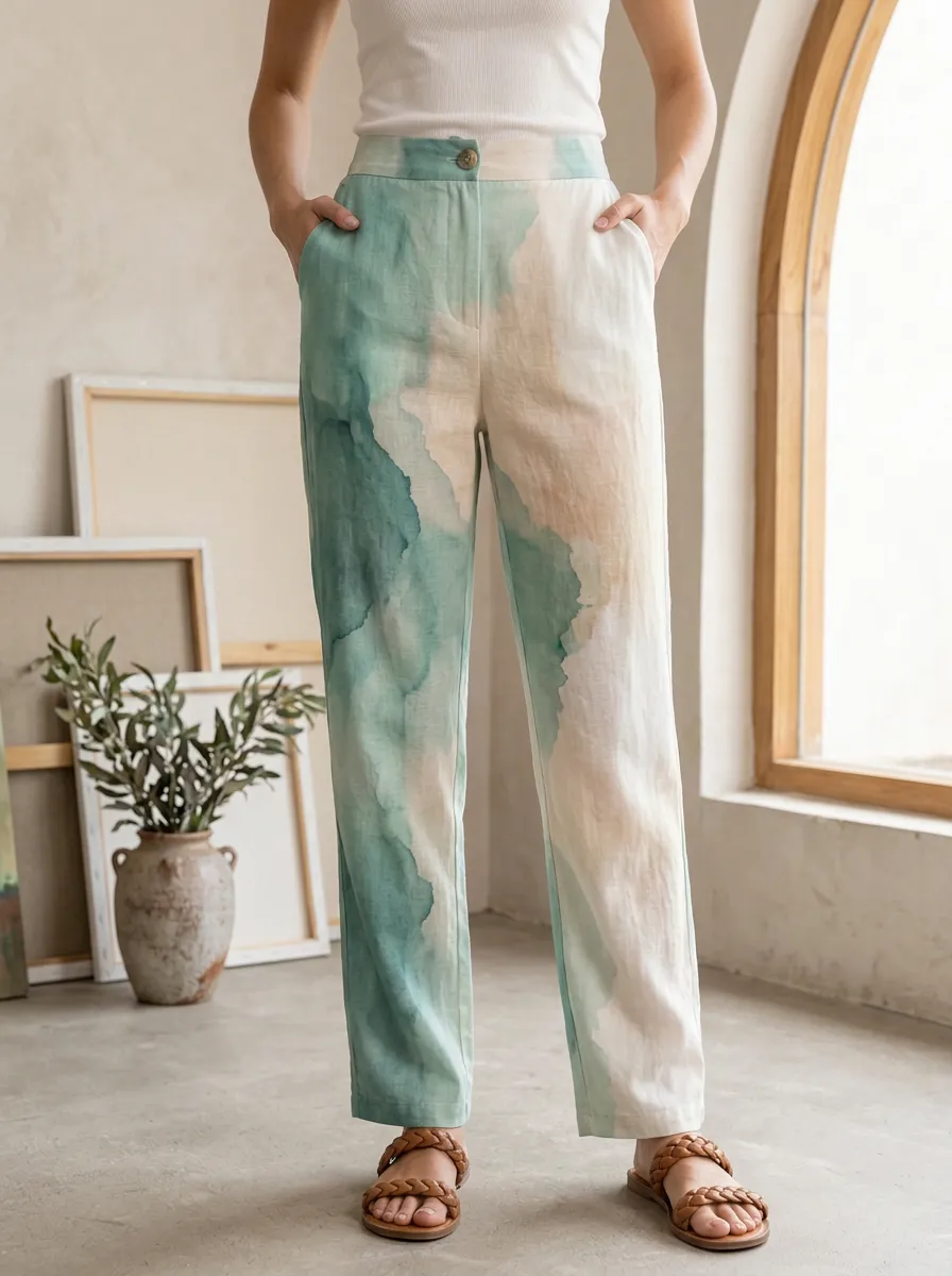 Women's Abstract Watercolor Teal Printed Pants