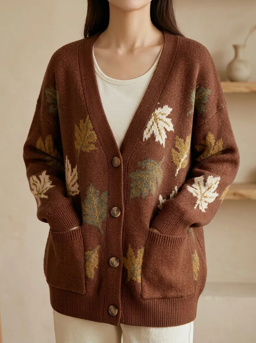 Botanical Design Maple Leaf Pattern Patterned Women's Knit Cardigan