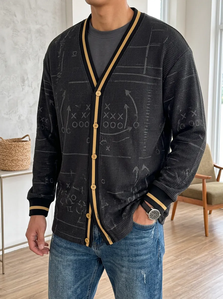Men's Touchdown Football Playbook Waffle Knit Printed Cardigan