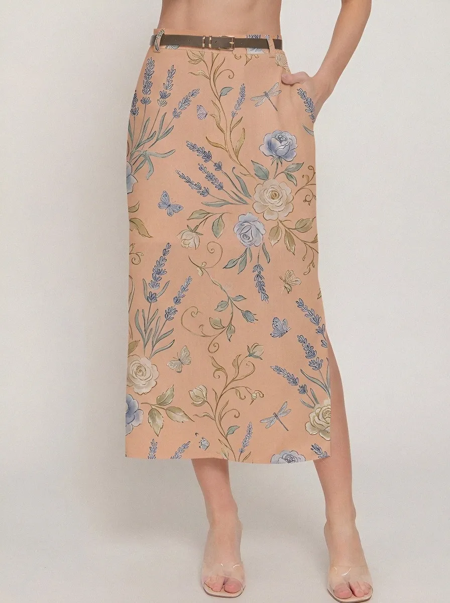 Women's Botanical Garden Lavender Rose Butterfly Printed Midi Skirt