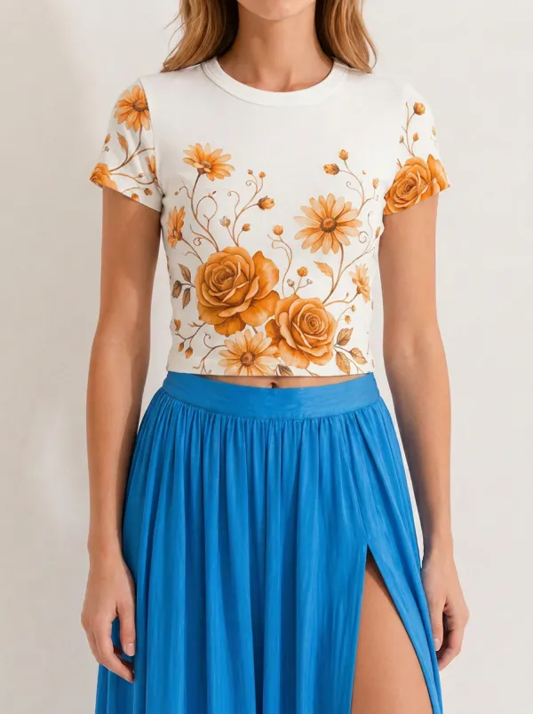 Women's Floral Lover Blue Rose Daisy Printed Crop T-shirt