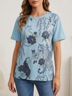 Cat Floral Women's Loose Printed T-Shirt