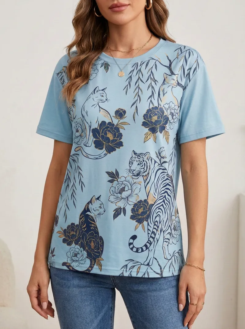 Cat Floral Women's Loose Printed T-Shirt