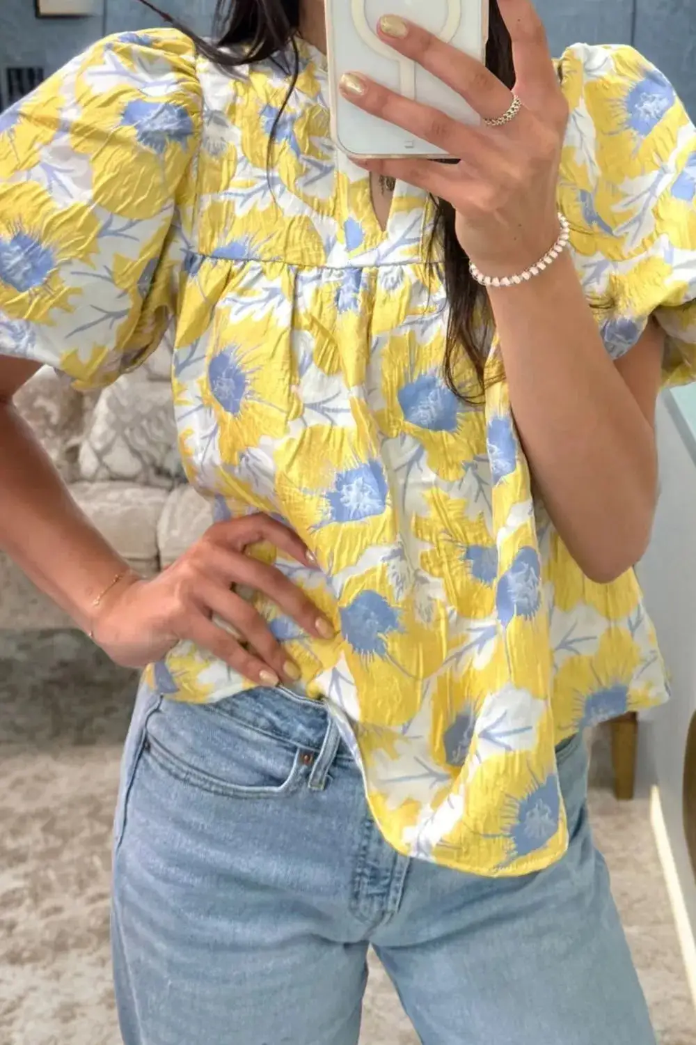 Short Bubble Sleeve Floral Blouse
