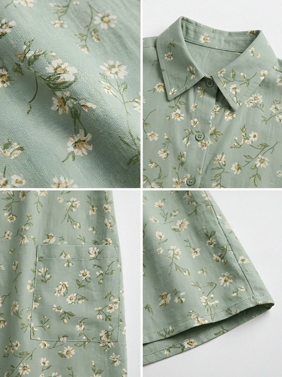 Women's Summer Vacation Sage Green Floral Printed Shirt Dress