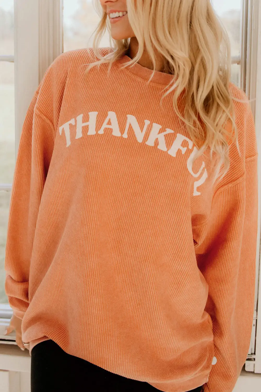 THANKFUL Letter Graphic Corded Sweatshirt