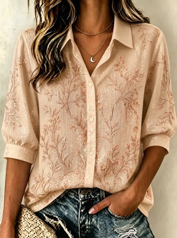 Women's Breast Cancer Awareness Pink Floral Embroidered Button-Down Shirt